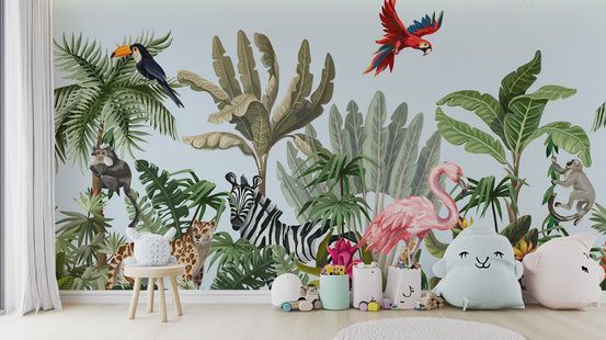 Tropical Animals & Birds wallpaper mural shown as a full feature wall that highlights the design
