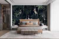 Birds flying in tropical night sky mural design