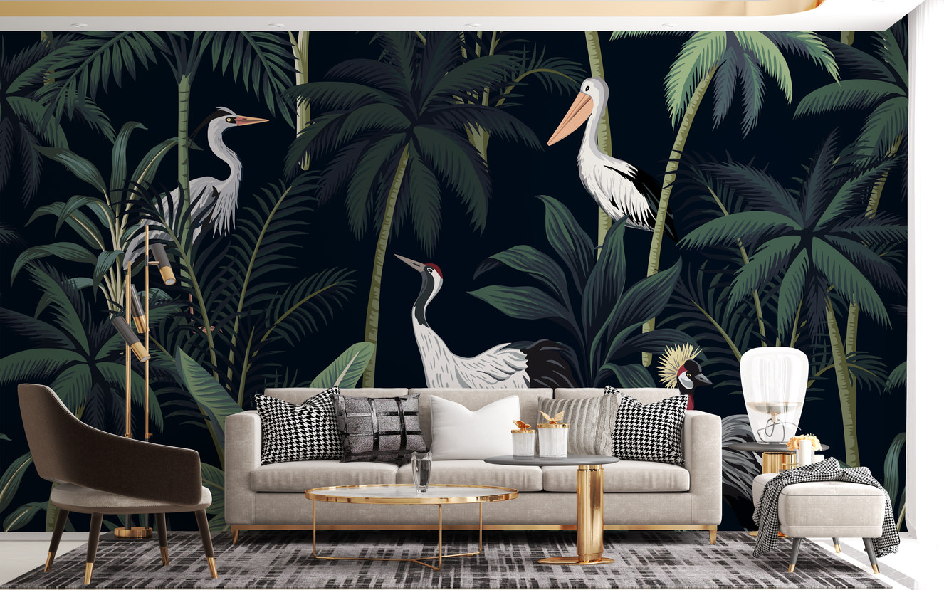 Tropical Birds In Night Sky Wallpaper Mural