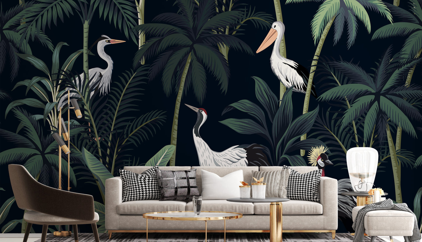 Tropical Birds In Night Sky Wallpaper Mural