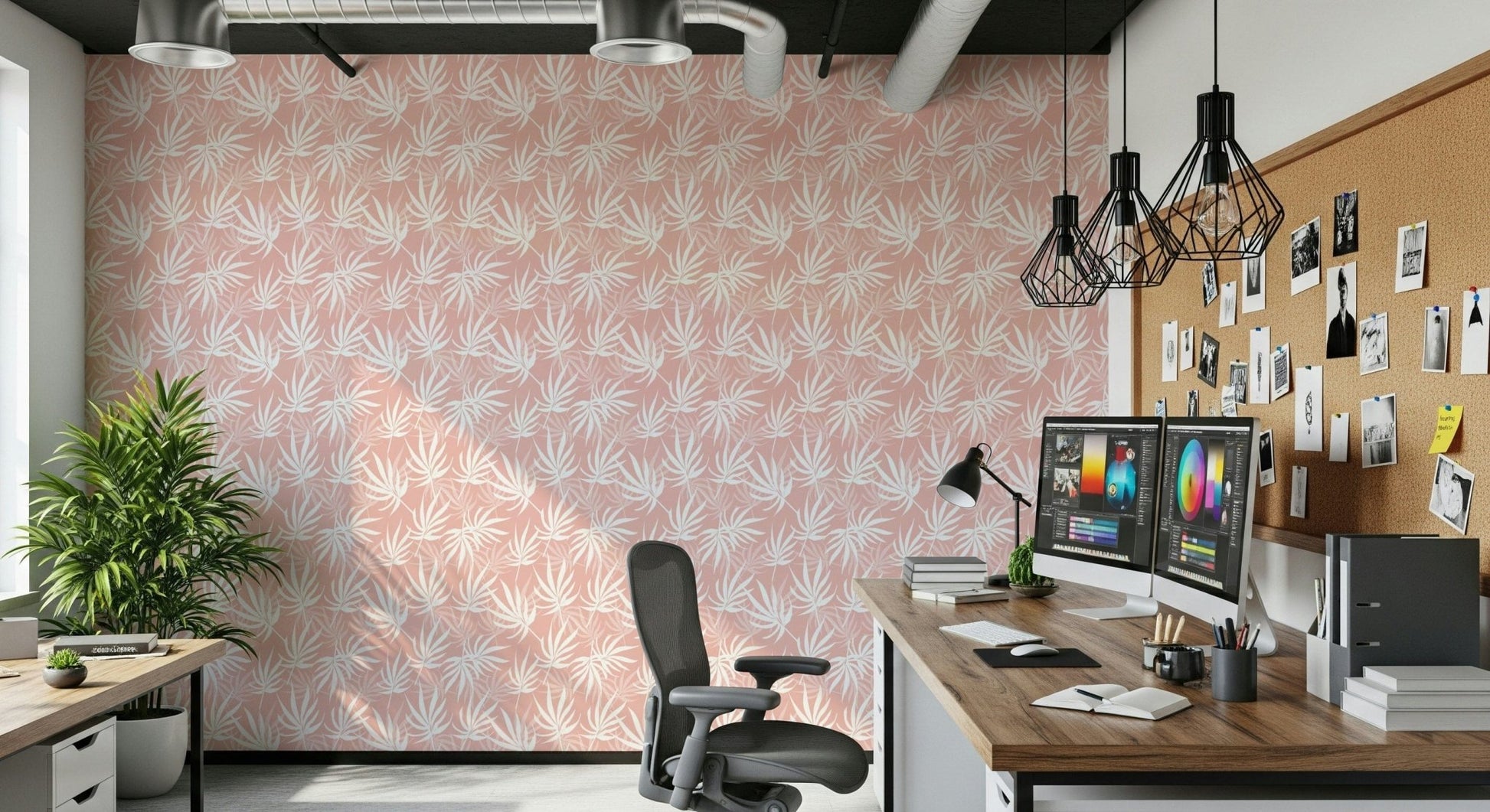 Botanical wallpaper with study desk corner