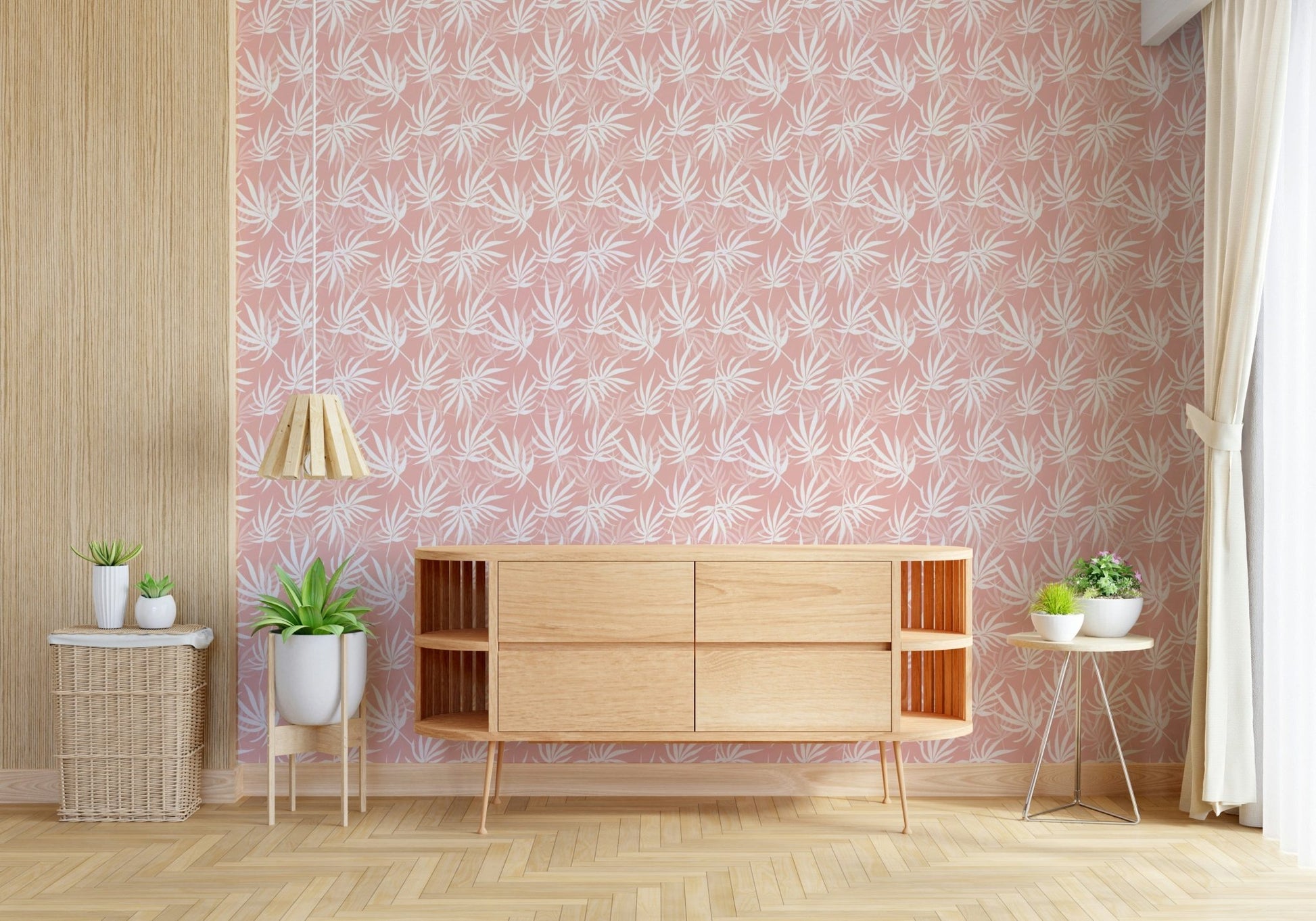 Soft pink wallpaper behind wooden sofa