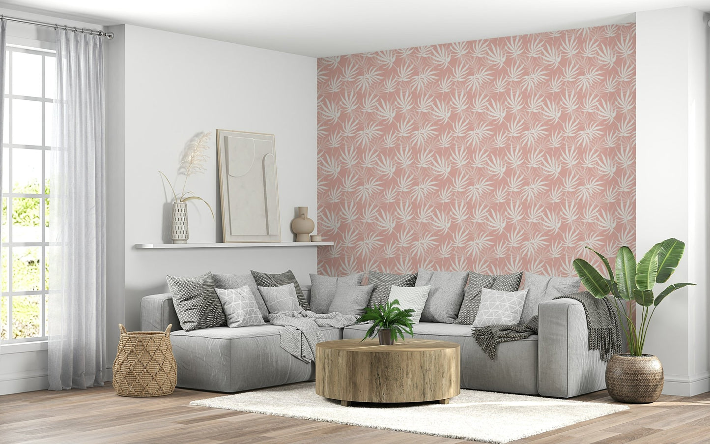 Palm pattern wallpaper in bright living room