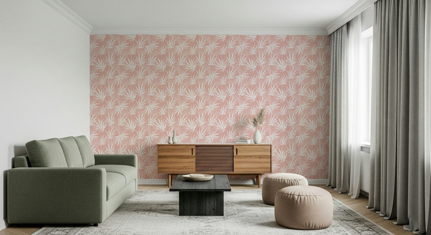 Blush wallpaper paired with neutral lounge