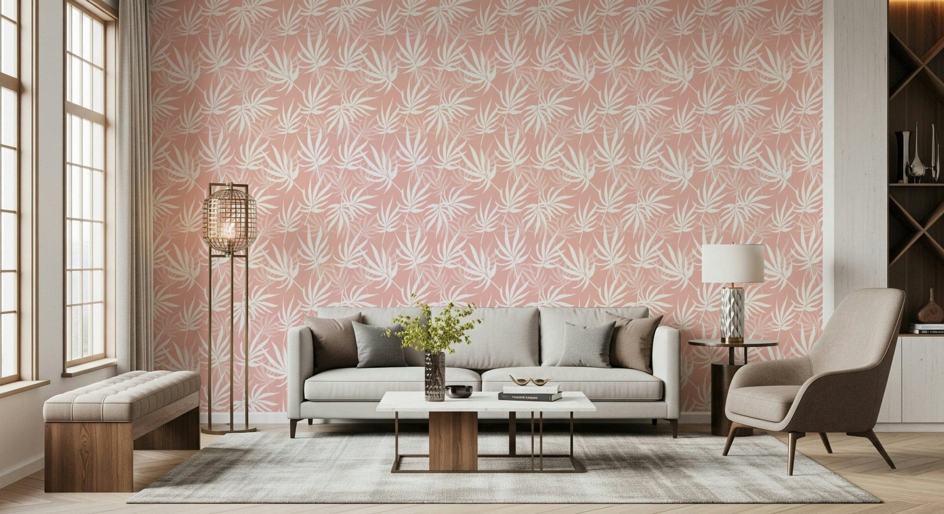 Pink palm wallpaper in compact kitchen nook