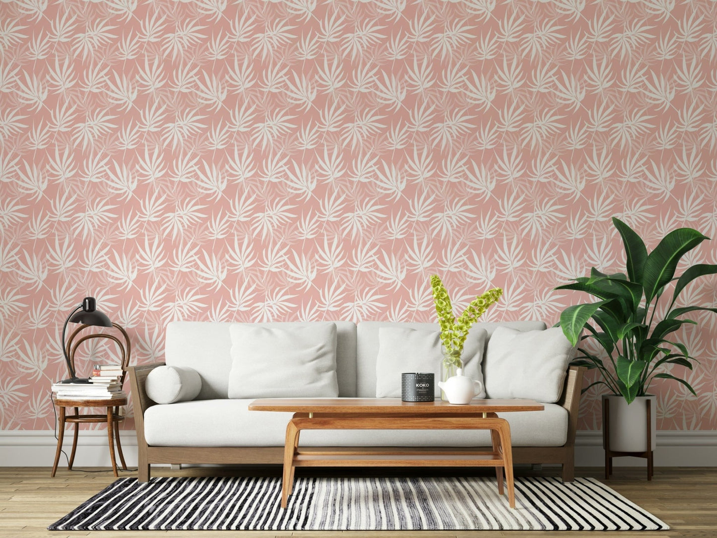 Leaf motif wallpaper above hallway console