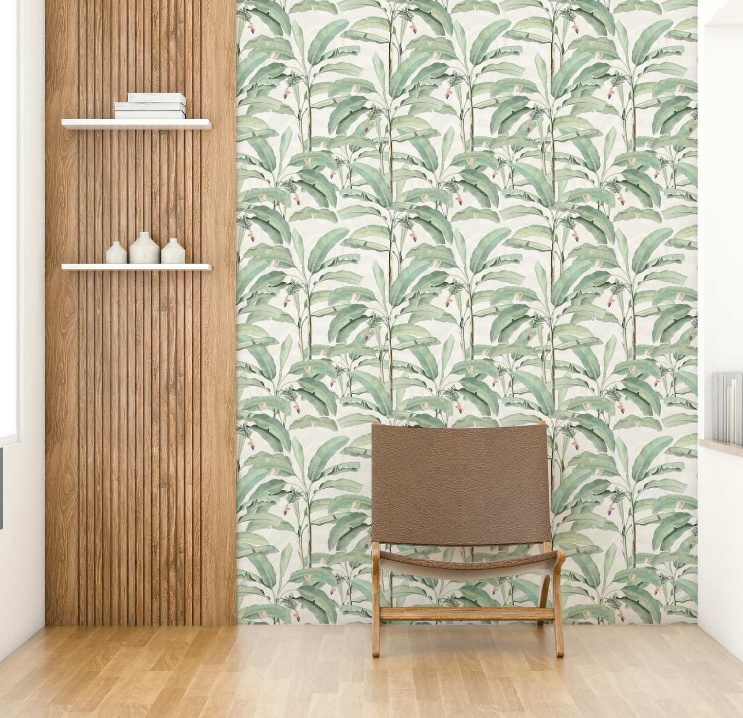 Lush botanical mural with tropical plants and delicate vines.

