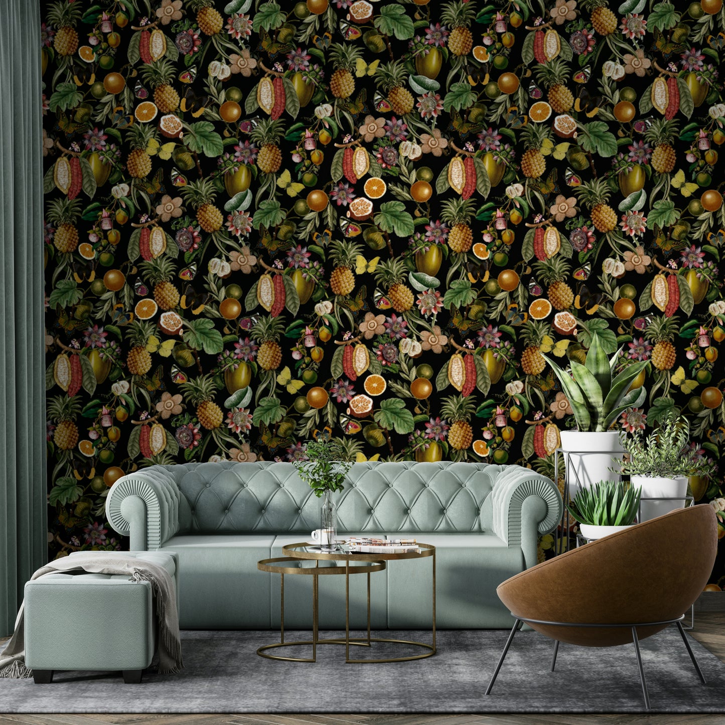 Lively tropical botanical wallpaper bringing energy and color to a room.

