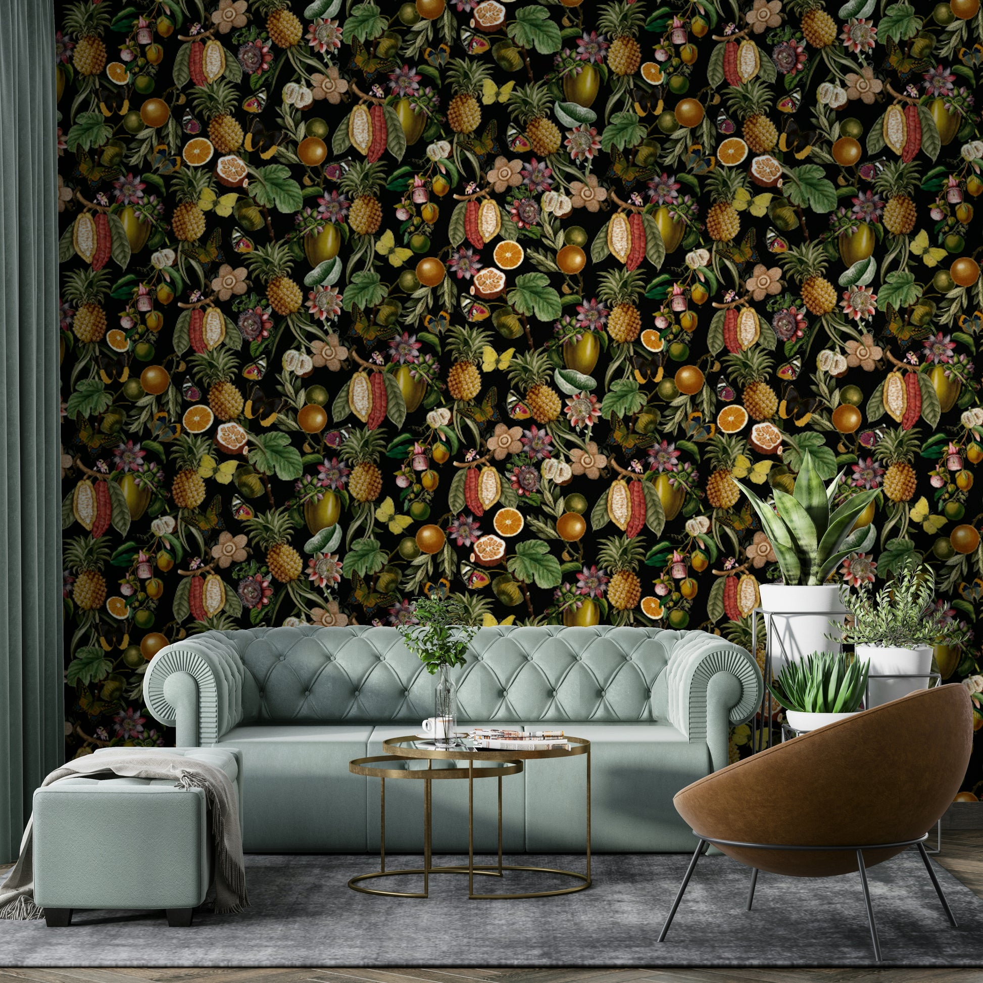 Lively tropical botanical wallpaper bringing energy and color to a room.

