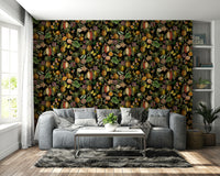 Tropical wallpaper mural with bright flowers and detailed leaf designs.

