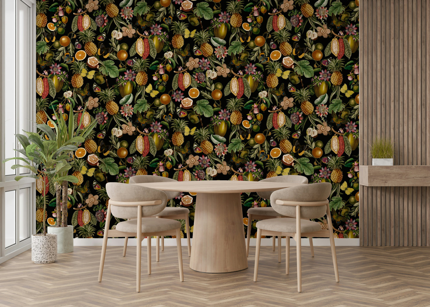 Close-up of Tropical Botanical Rhapsody mural with vibrant tropical foliage.

