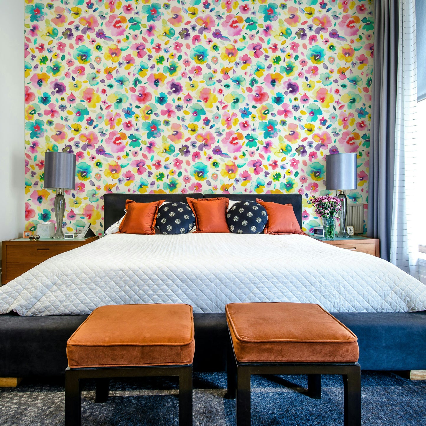 Artistic floral wallpaper featuring hibiscus and orchids.

