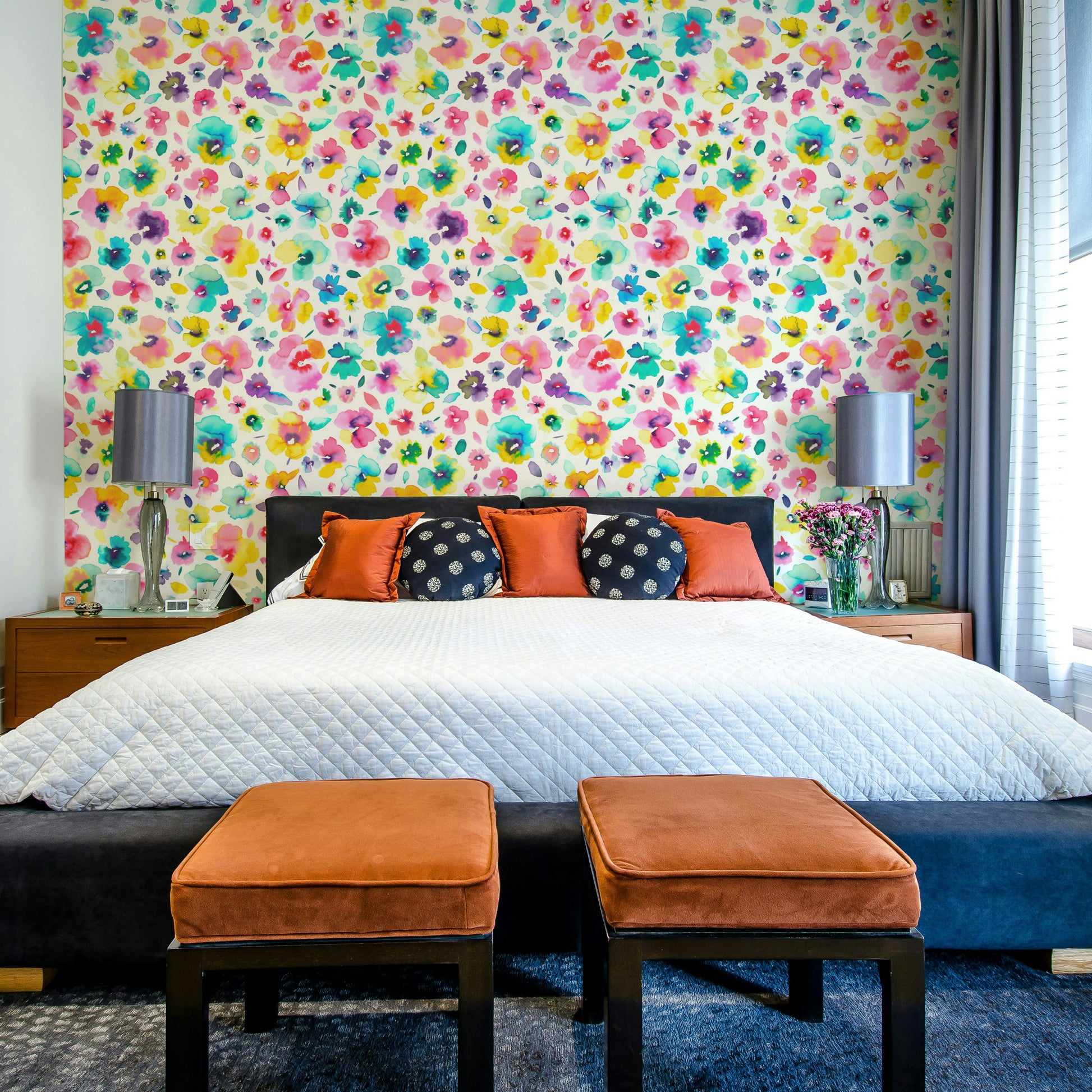 Artistic floral wallpaper featuring hibiscus and orchids.

