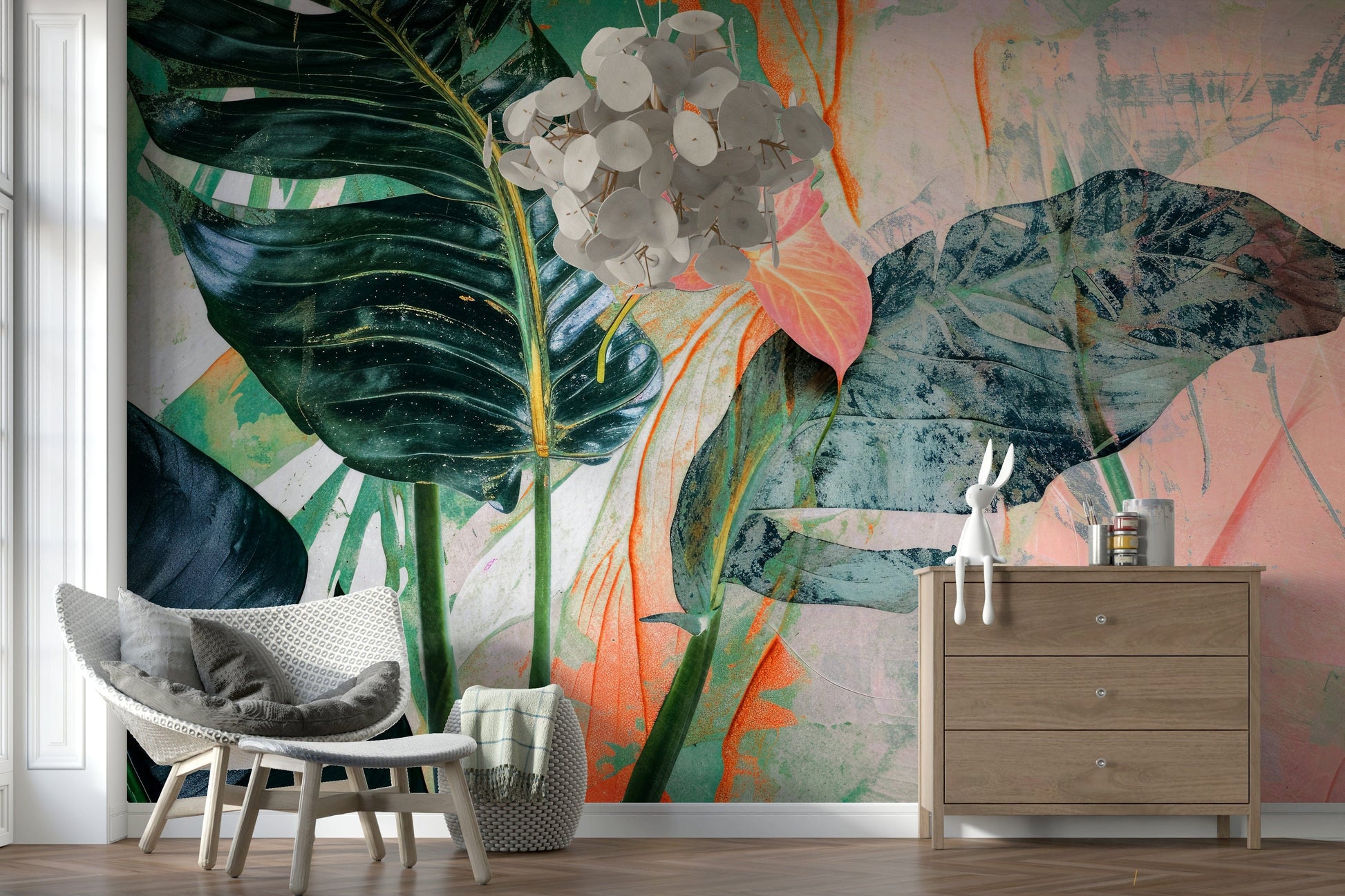 A peaceful botanical pattern mural on decorative wallpaper.

