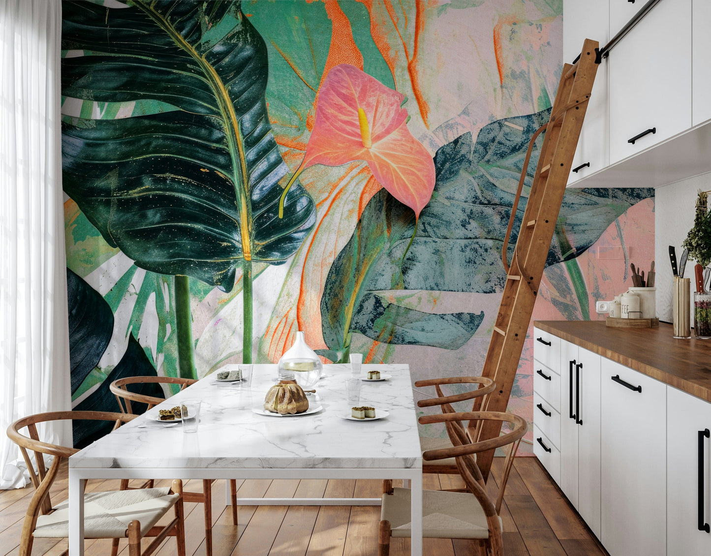 A beautiful botanical brushstroke wallpaper mural for a modern home.

