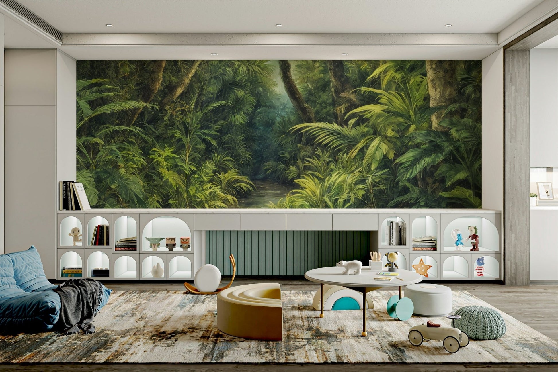 A detailed image of a wall mural featuring a dense jungle canopy.

