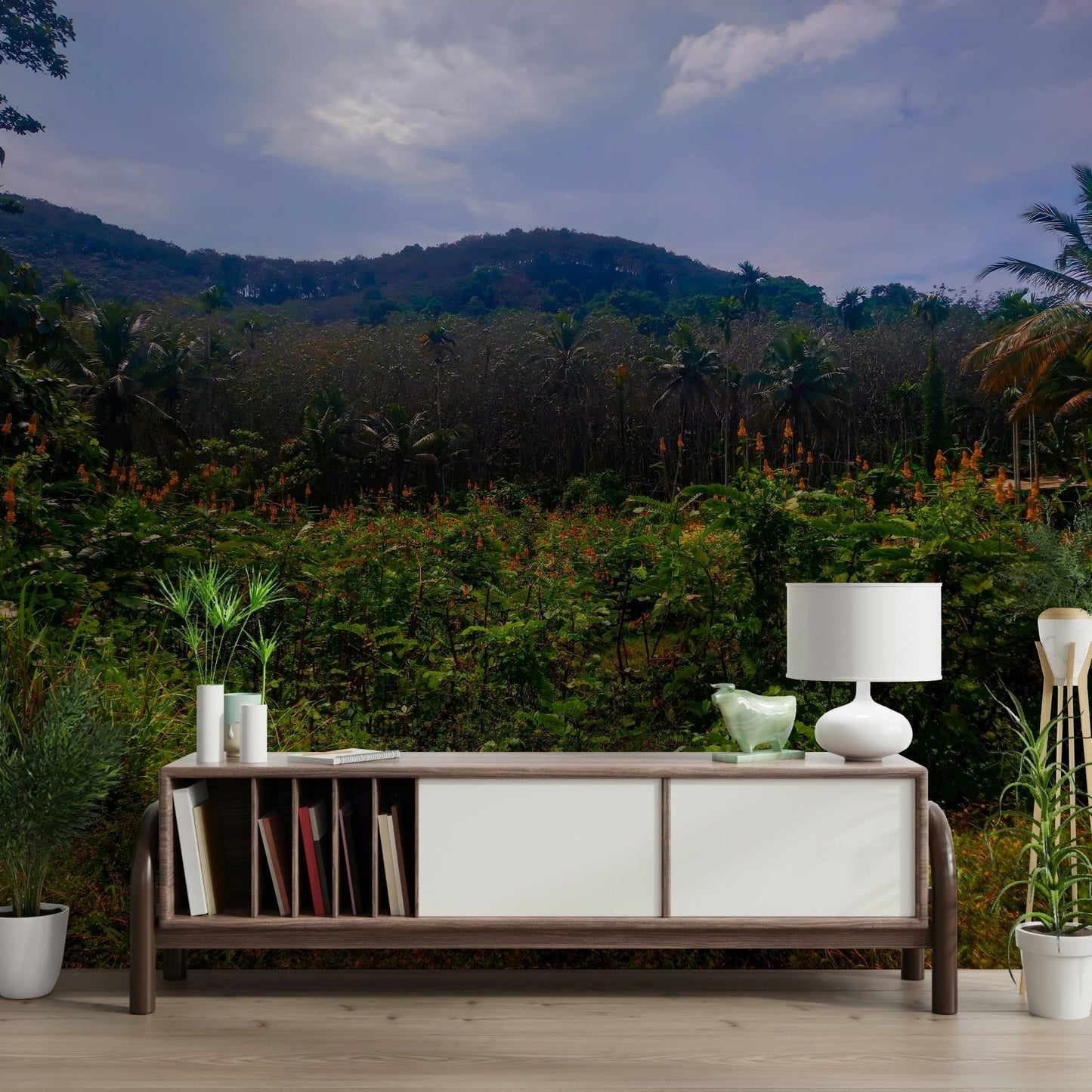 Tropical Canopy with lush red flowers and plants Photography Wall Mural