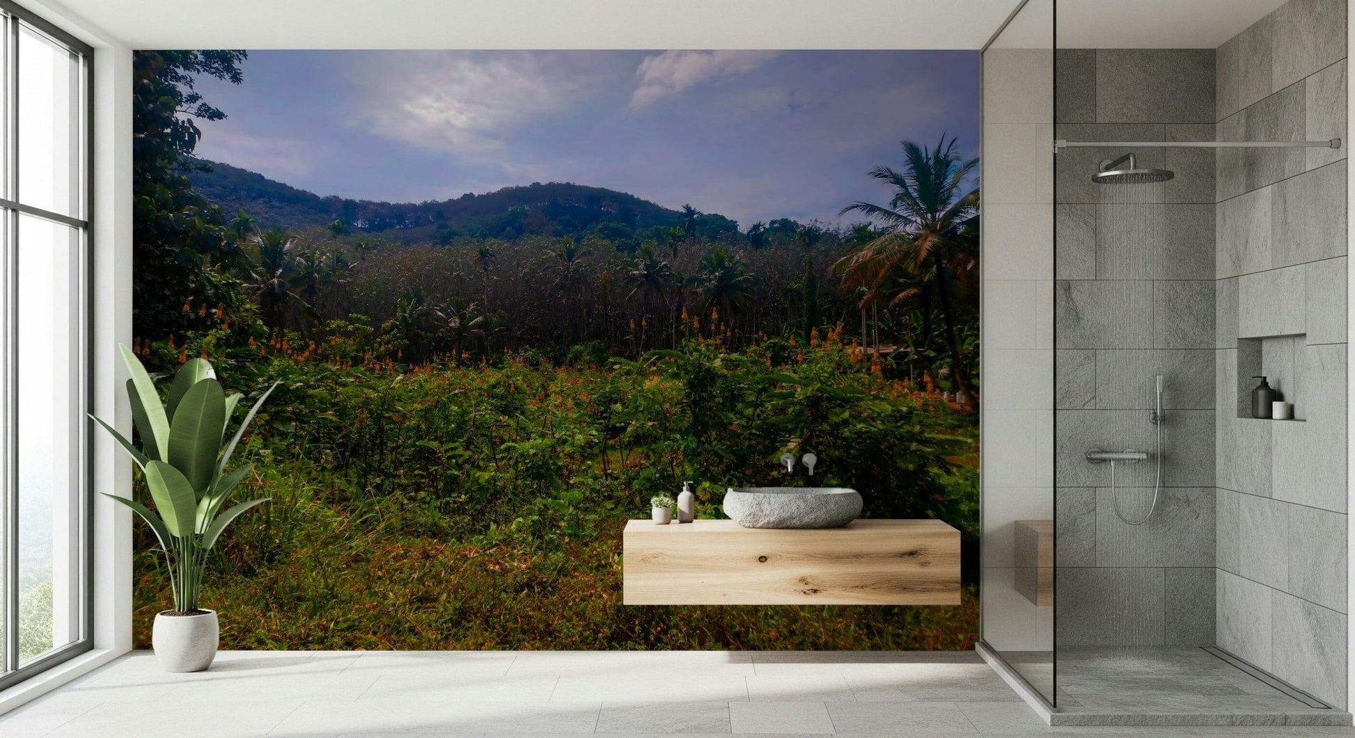 Tropical Canopy with lush red flowers and plants Photography Wall Mural