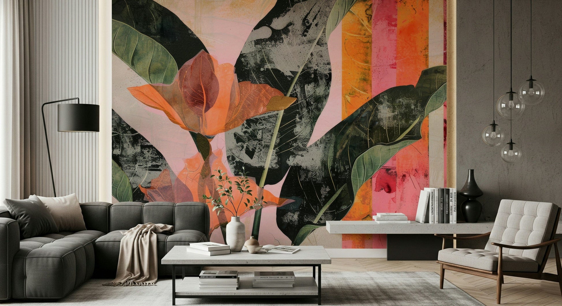 A calming foliage design wallpaper mural that defines a space.

