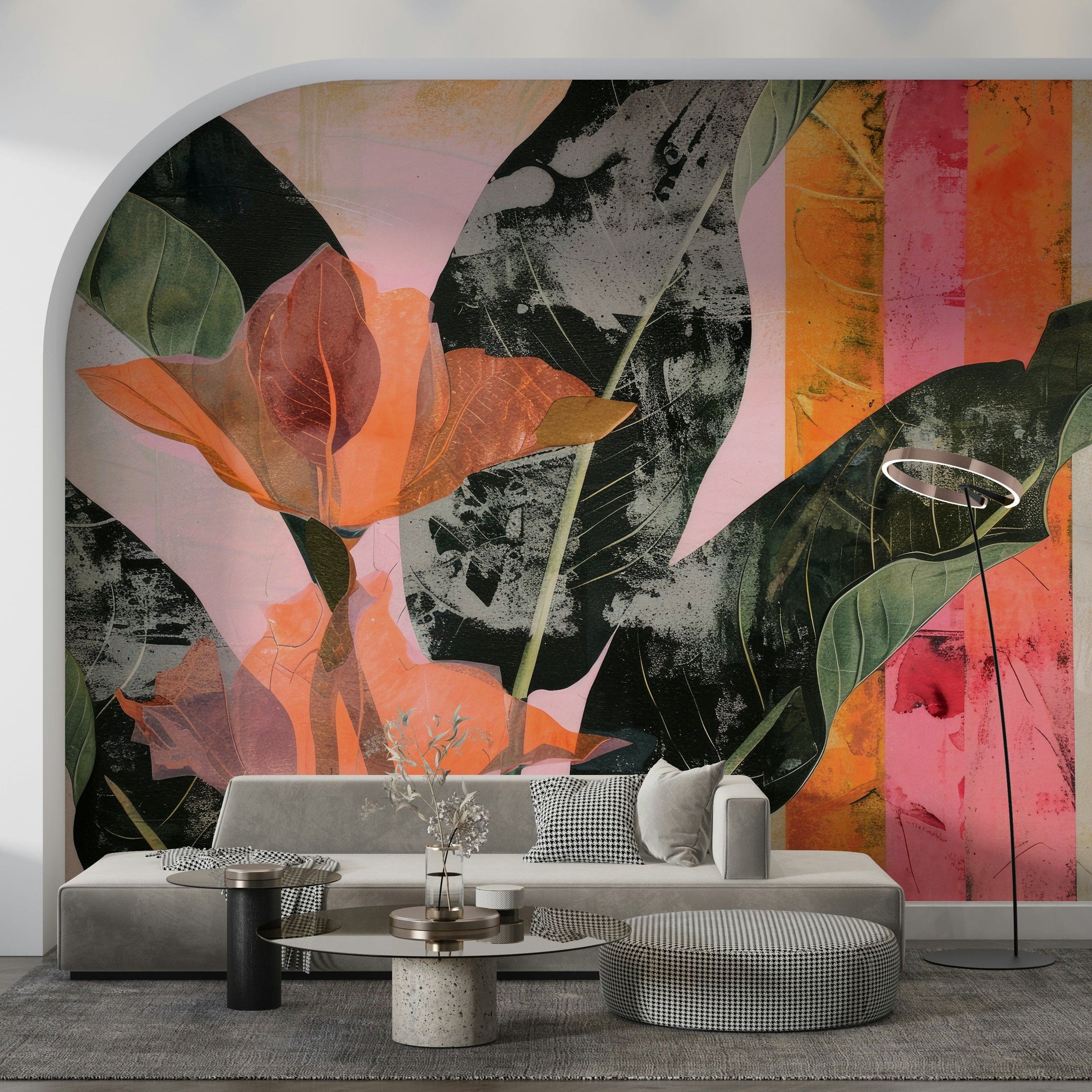 An artistic jungle texture mural on minimalist wallpaper.

