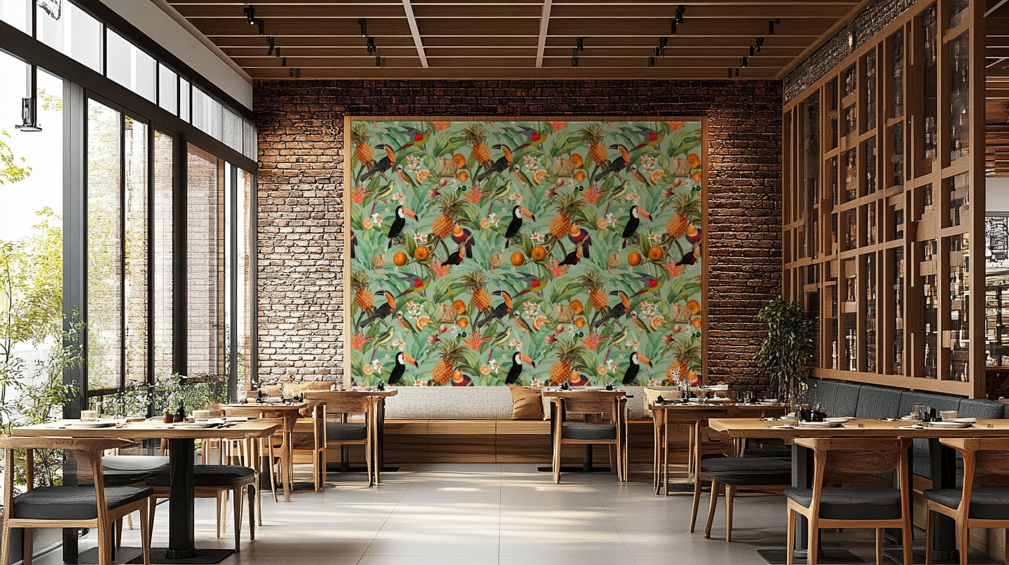 Nature-inspired wallpaper with rich colors and tropical elements

