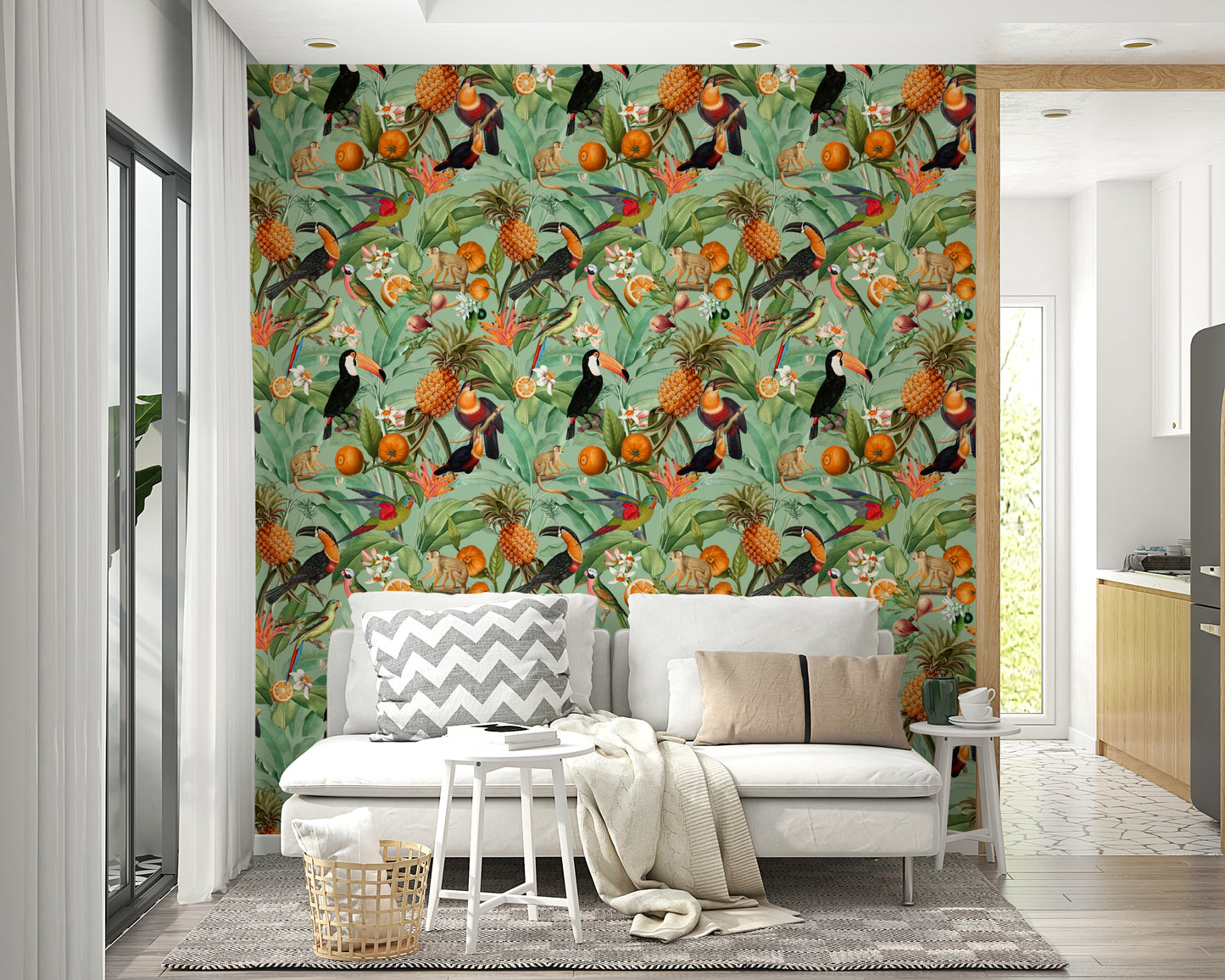 Tropical foliage and flowers creating an energizing room atmosphere

