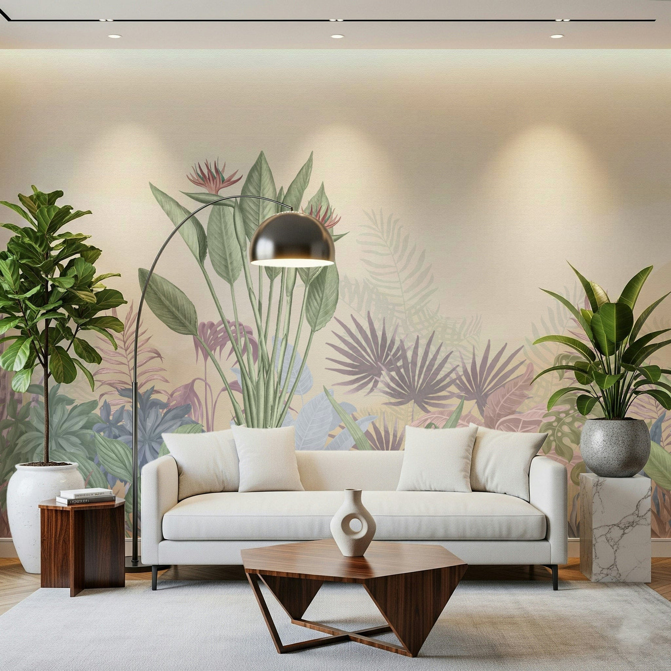 Eden's Touch Wall Mural in a modern living room with neutral furniture.