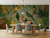 Tropical Explorers' Chart mural of birds and yellow flowers behind a wood dining table with grey chairs