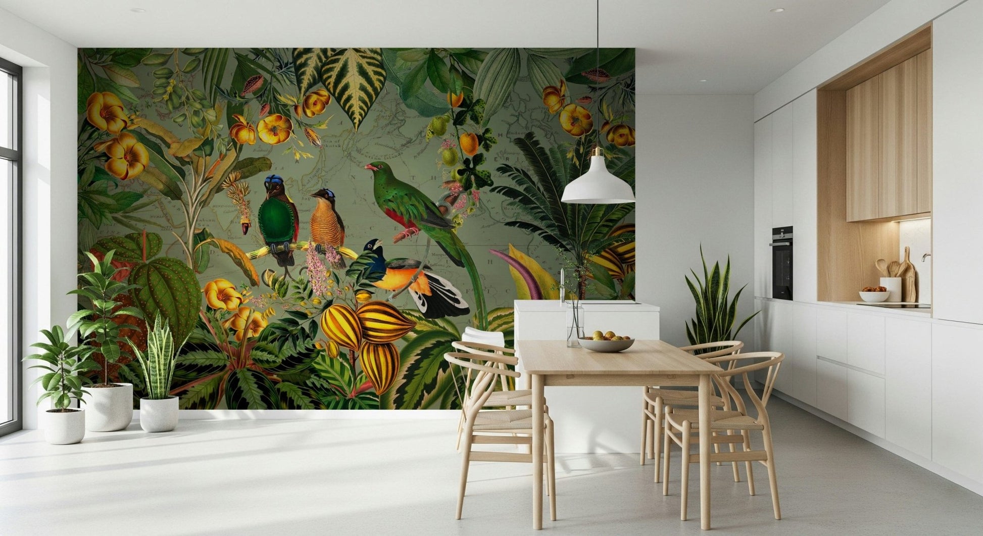 Tropical Explorers' Chart mural of tropical birds behind a wood dining table and wishbone chairs in a kitchen