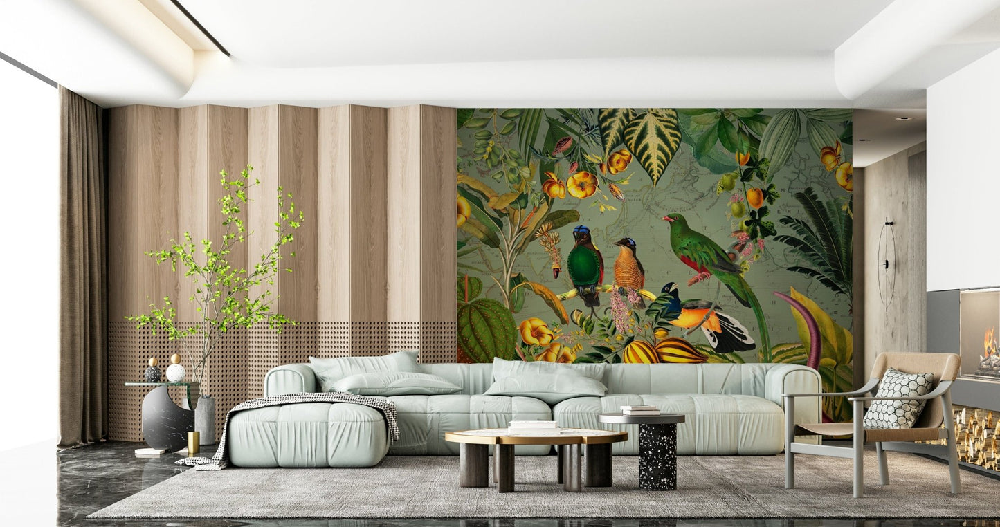 Tropical Explorers' Chart green mural behind a mint sectional sofa and wood-slat wall in a living room