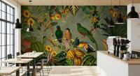 Tropical Explorers' Chart green mural in a cafe with wood tables, black pendant lamps and espresso bar