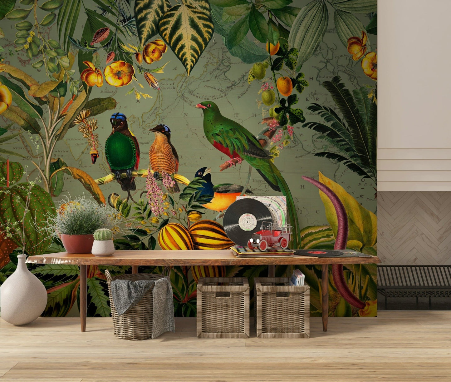 Tropical Explorers' Chart mural in an entryway with a wood bench, woven baskets and vinyl records