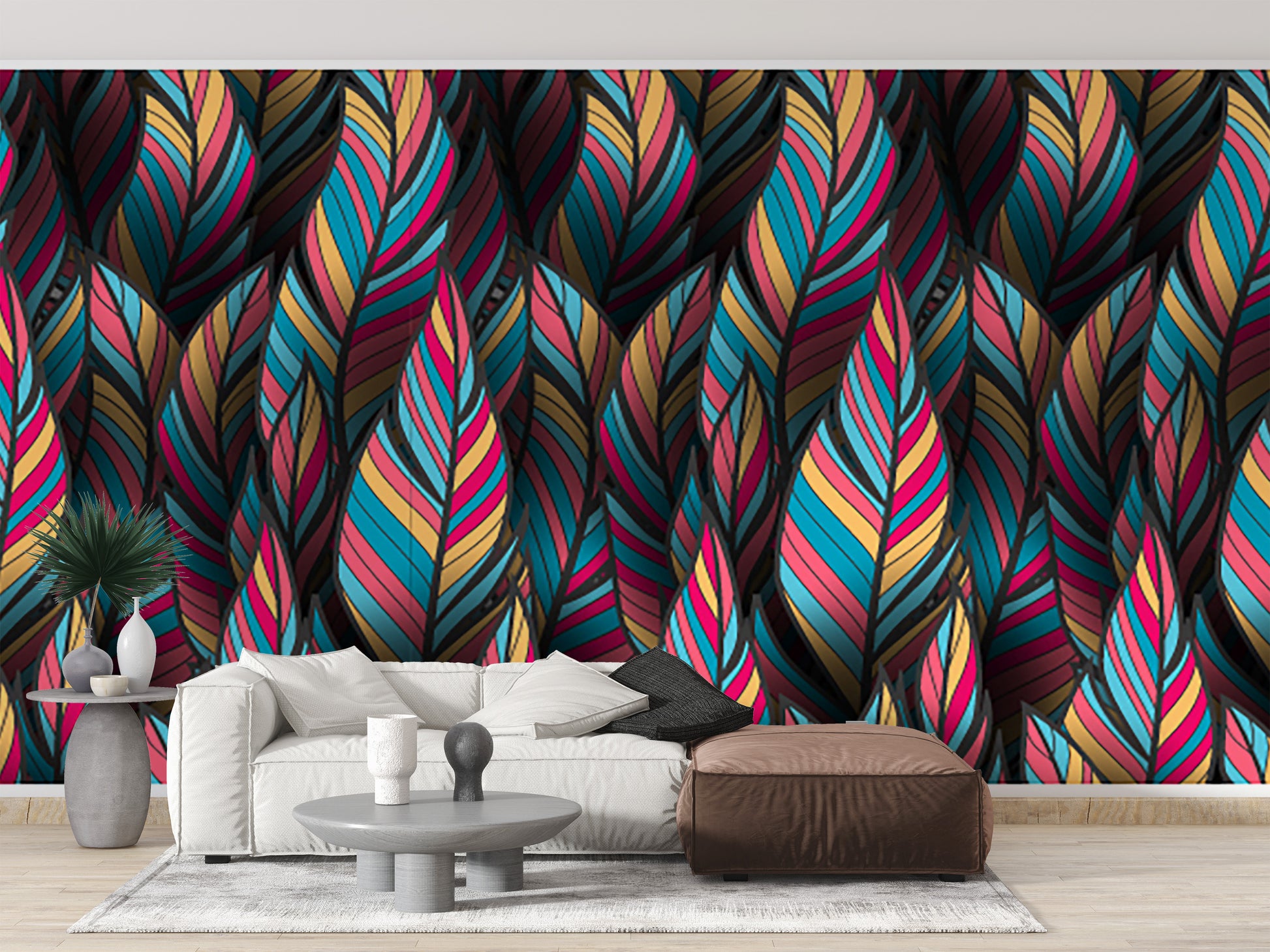 Whimsical tropical feather wallpaper for serene decor.