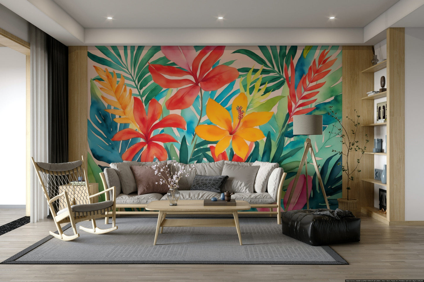 The mural gives the illusion of a window looking out onto a beautiful jungle.
