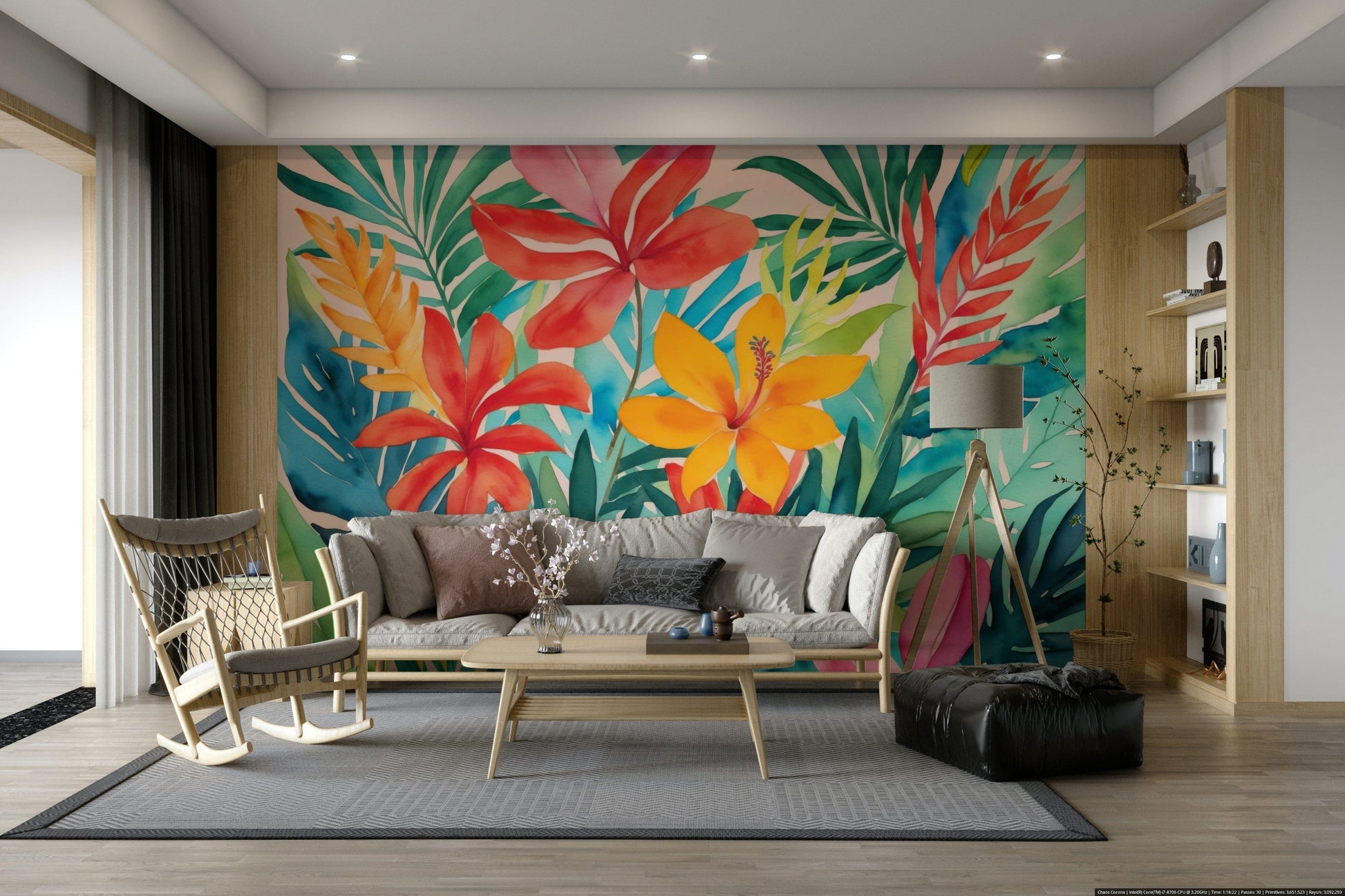 The mural gives the illusion of a window looking out onto a beautiful jungle.
