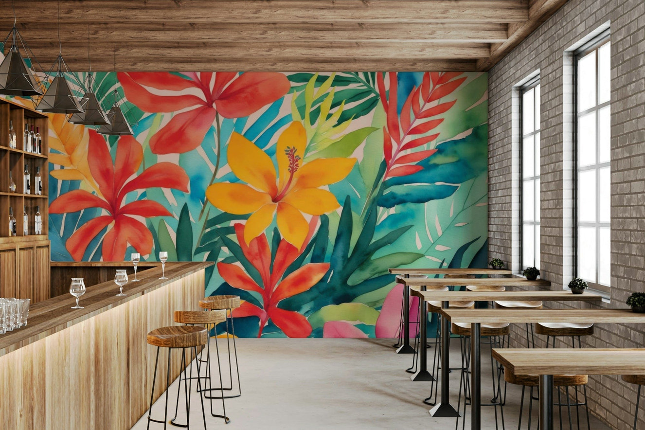 A wall mural depicting a dense and colorful tropical jungle.

