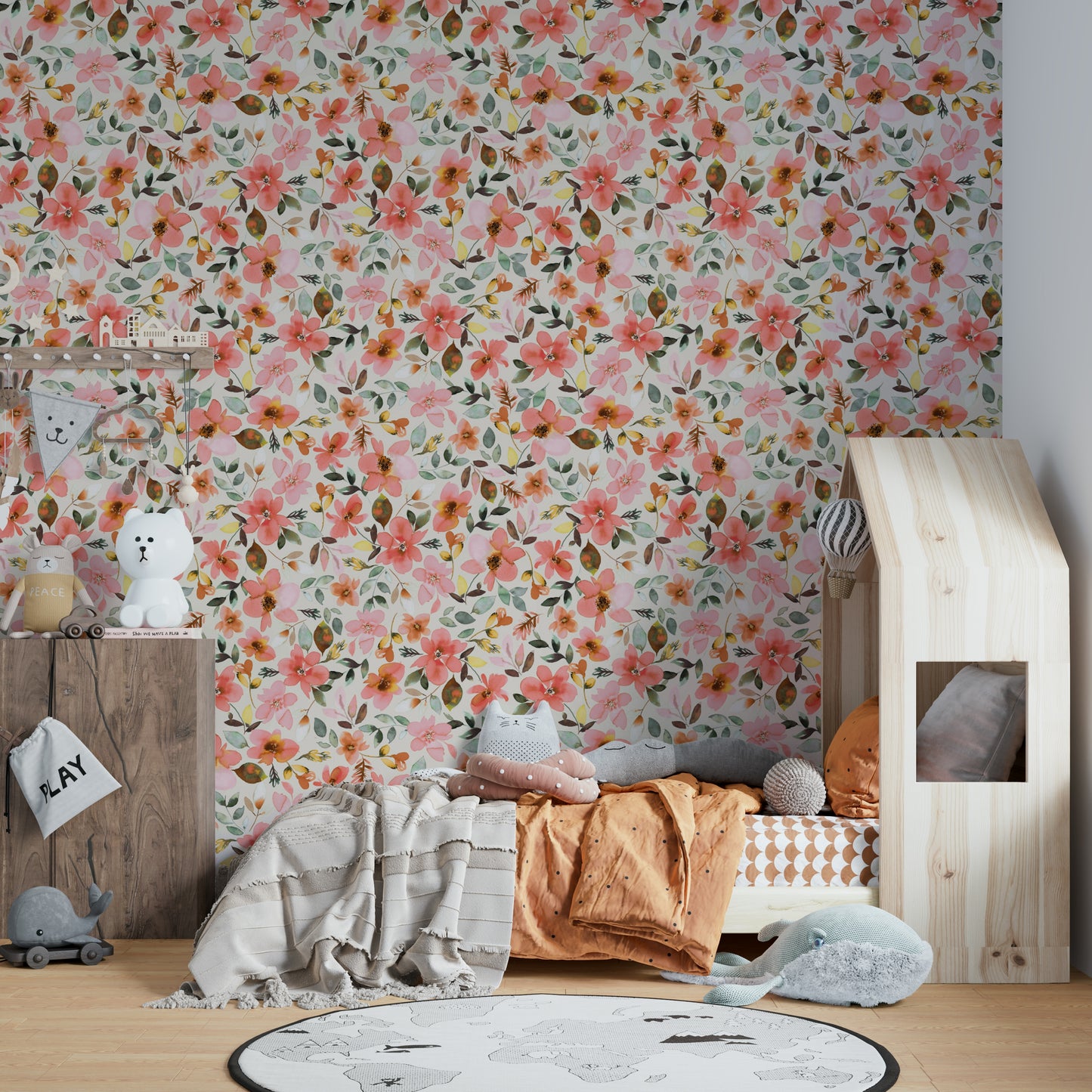 Soft floral mural with a warm cream base and coral petals.

