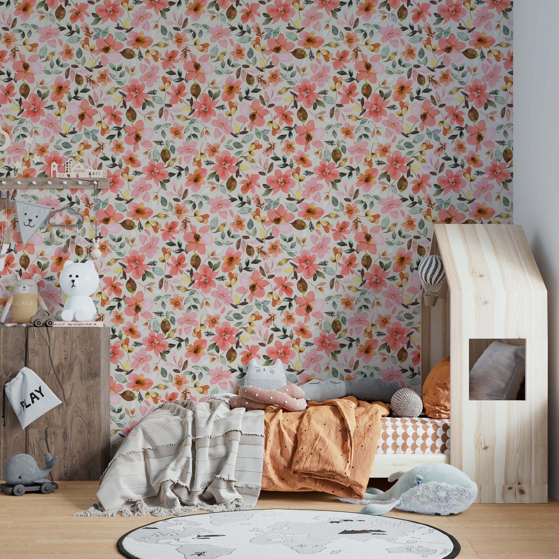 Soft floral mural with a warm cream base and coral petals.

