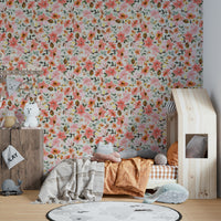 Soft floral mural with a warm cream base and coral petals.

