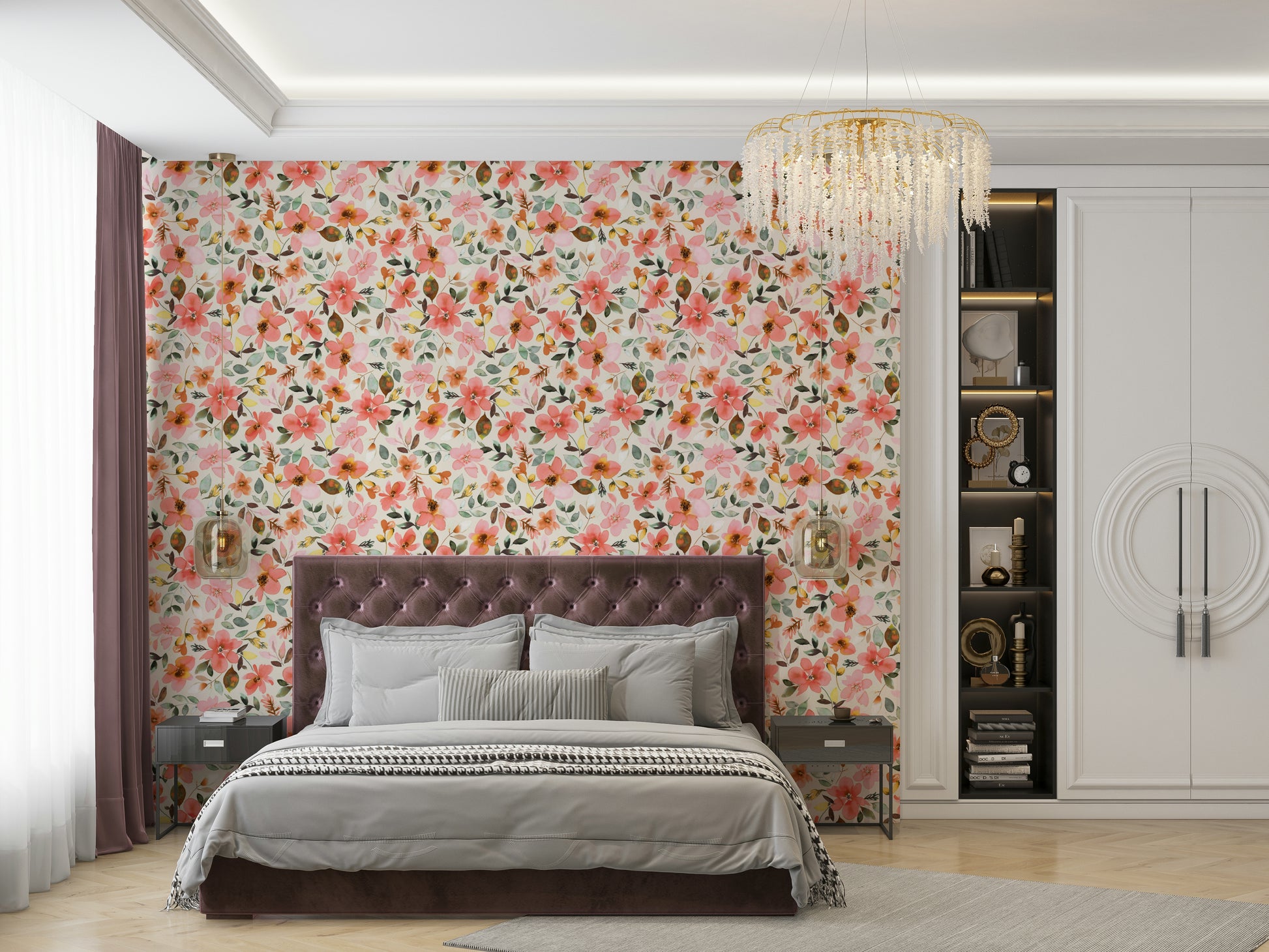 Beach-inspired wallpaper featuring soft florals and neutral tones.

