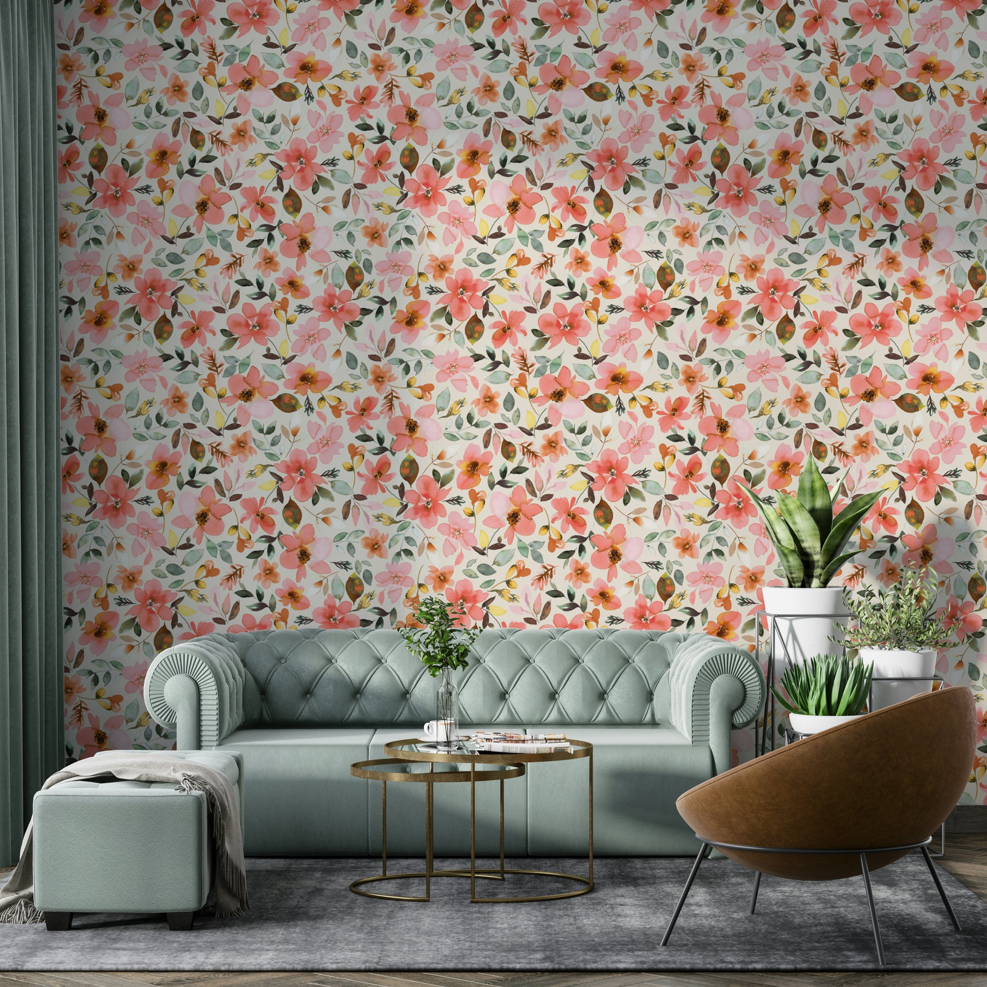 Light tropical floral mural with sandy tones and soft pink blooms.

