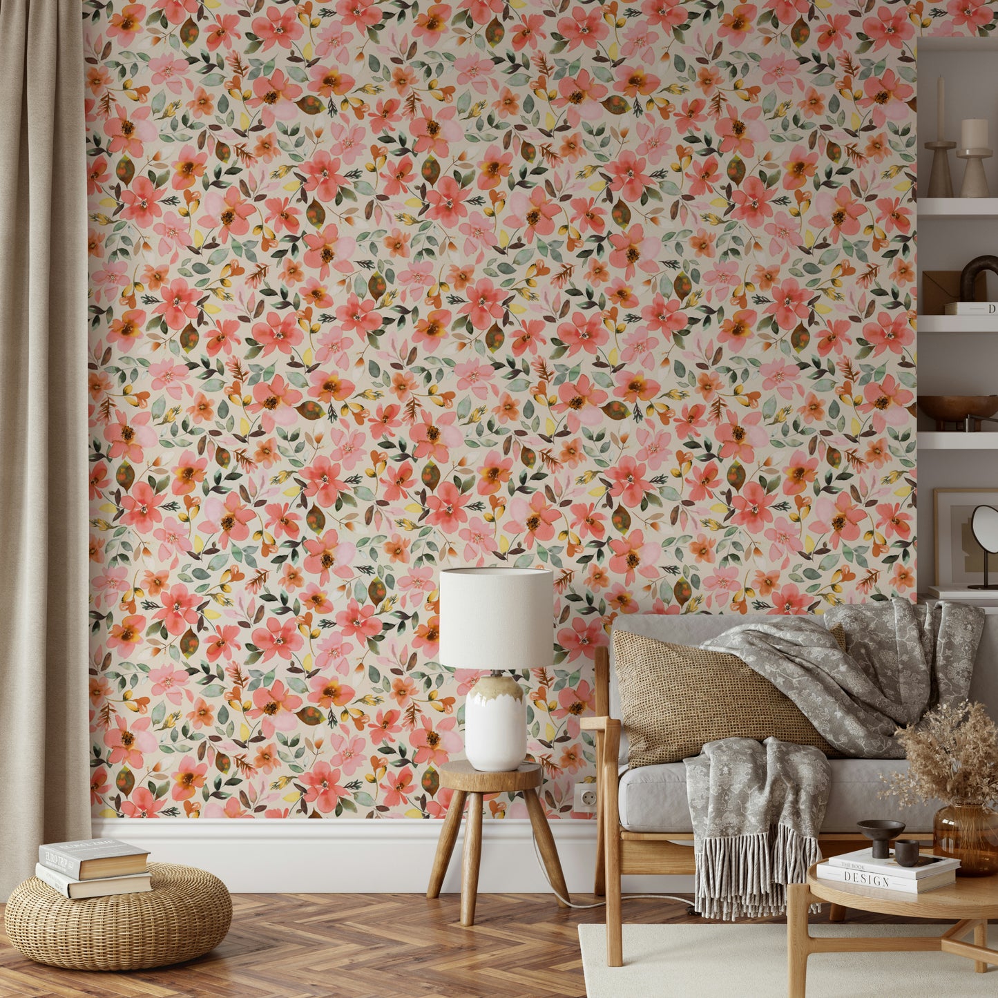 Hand-drawn tropical flowers in coral on a cream background.

