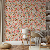 Hand-drawn tropical flowers in coral on a cream background.

