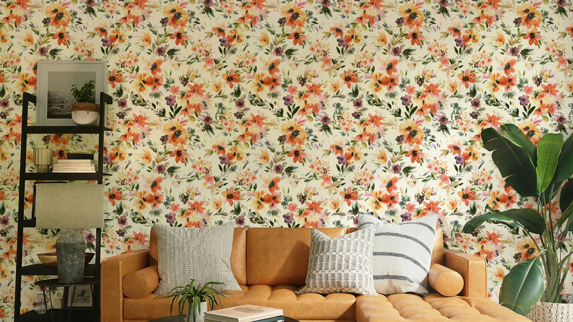 Bright tropical flowers wallpaper with lush green leaves

