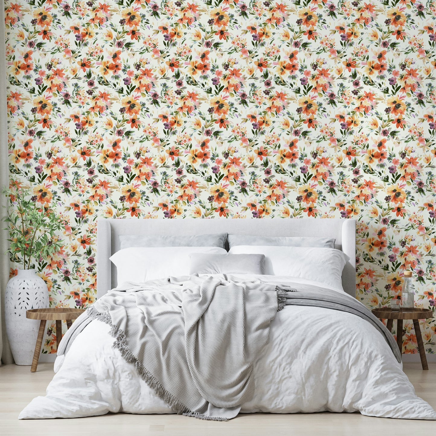 Wallpaper with tropical flowers and green jungle leaves

