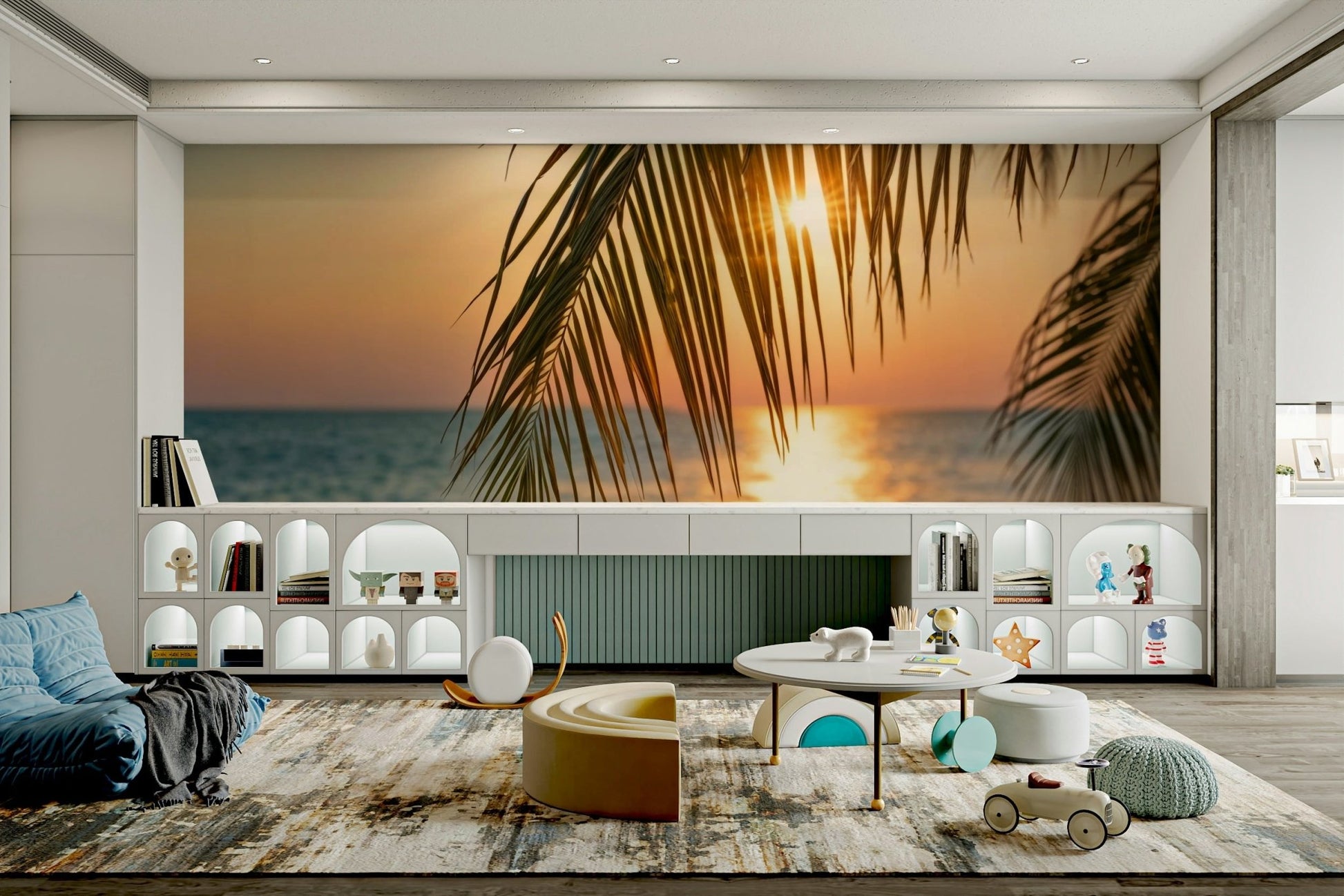 The tropical foliage is a central focus of the image.

