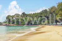 Interior bedroom scene with tropical beach mural and natural sky cloud backdrop