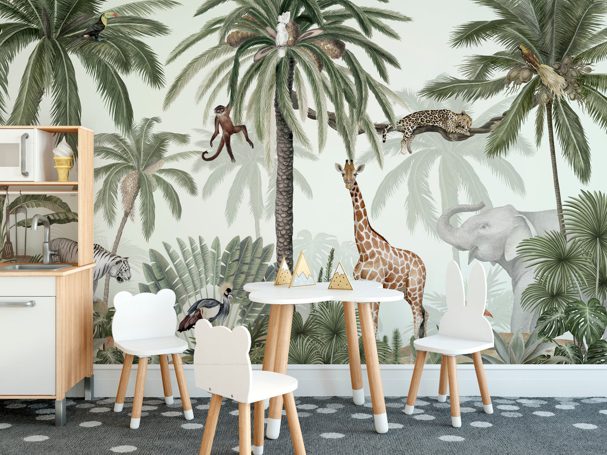 Tropical jive wallpaper mural with palms, giraffe, leopard and elephant above a cloud-shaped kids play table