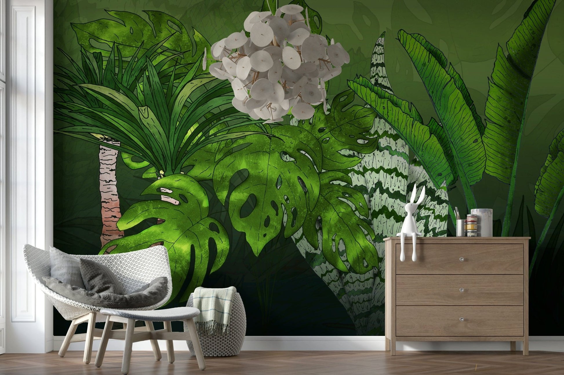 Monstera and jungle plants Tropical Jungle Garden wall surface.
