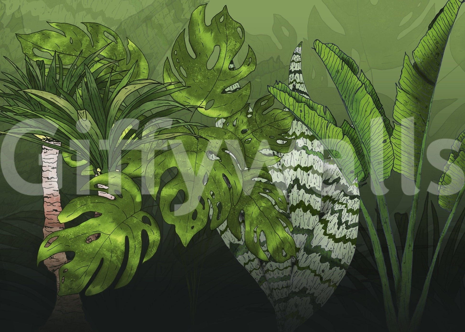 Naturalistic Tropical Jungle Garden bright foliage wall decor.